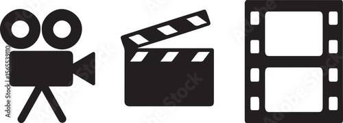 Film Camera, Clapperboard, and Film Reel Icons Set for Movie Production, Vector Design, Editable Clipart