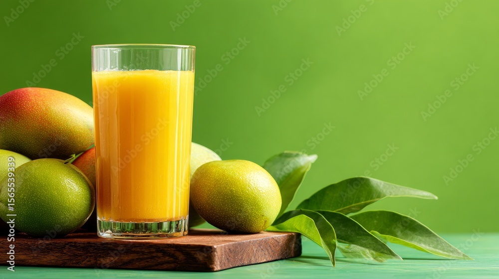 Fototapeta premium Refreshing mango juice in a glass alongside fruit on a green background. Text placeholder