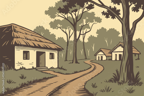 Rural village scene with thatched roof houses and dirt road