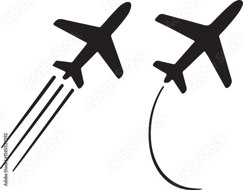 Airplane icon set with flying aircraft and curved path trails – black silhouette vector illustration for travel and aviation concepts

