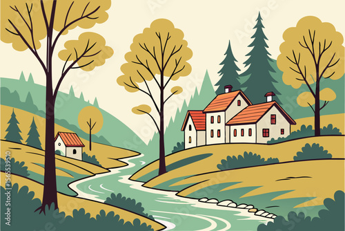 Idyllic village scene with winding river and trees 1