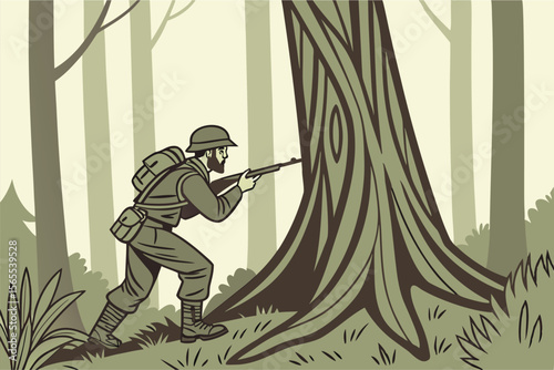 Soldier aiming rifle behind large tree in forest military
