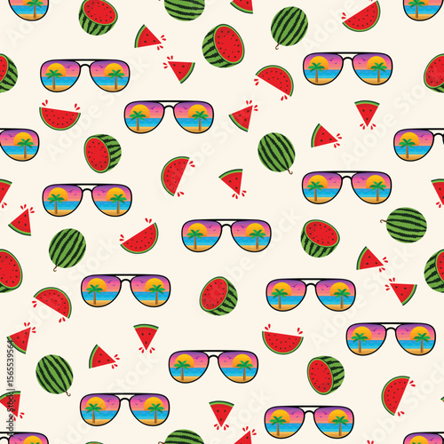 Summer seamless pattern. Beach glasses, palm tree and watermelon slices seamless hand drawn vector background for fabric print, scrapbook and decoration