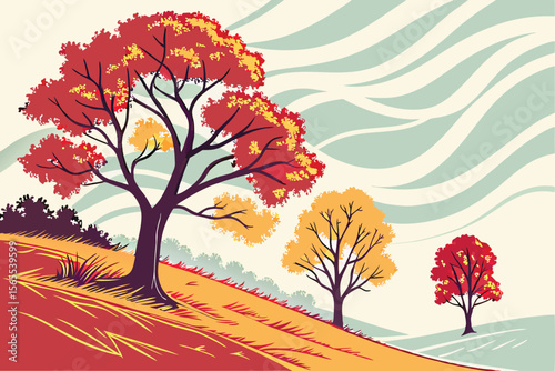 Stylized autumn trees on a rolling landscape fall nature