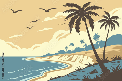 Tropical beach with palm trees and birds in sky ocean