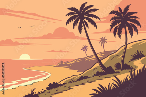 Tropical beach with palm trees at sunset ocean