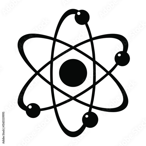 Black and white atom model shows electron orbit with central nucleus, transparent background