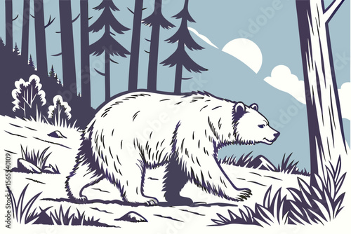 White bear walking through a forest landscape polar bear