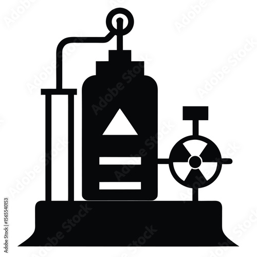 Silhouette portrays a complex system with a radiation symbol and pressure gauge on transparent background