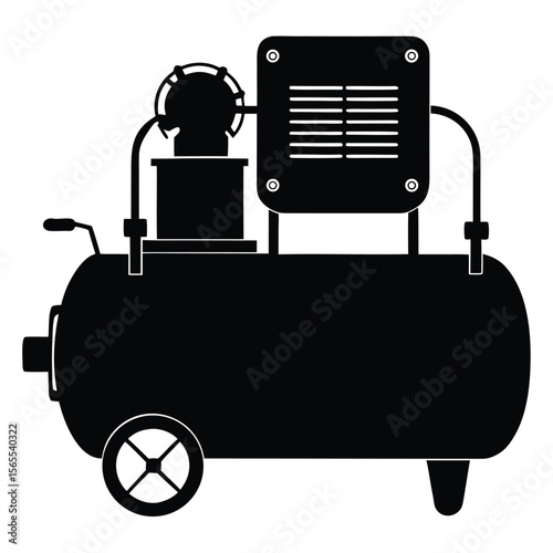 Black stationary air compressor with tank and handle is shown on white background