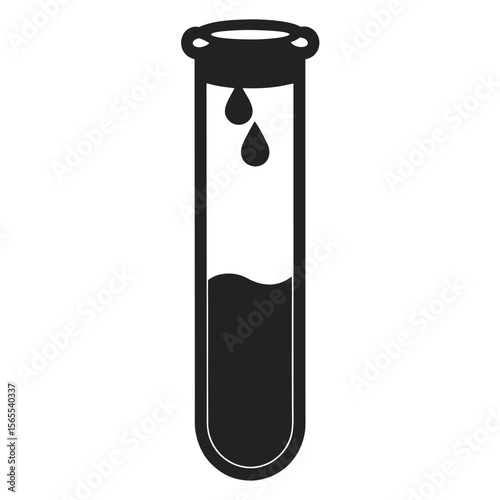 Laboratory test tube contains a dark liquid, with drops falling on a transparent background
