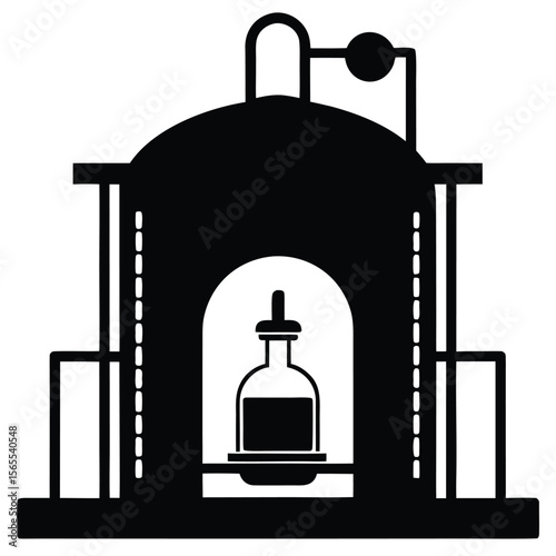 Detailed silhouette of a laboratory apparatus displays a distinct bottle inside the system
