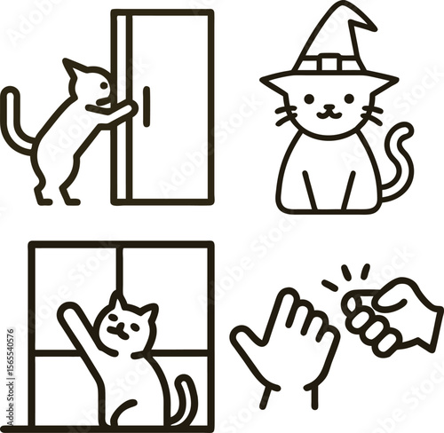 Cute cat icons showing different actions like opening door wearing hat and knocking