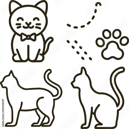 Collection of cute cat icons featuring a sitting cat with a bow tie and paw prints