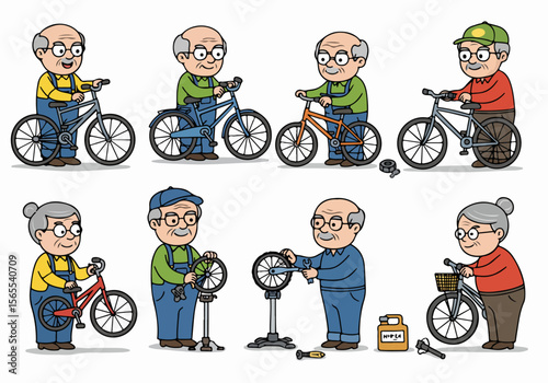 Cartoon illustrations of senior citizens cycling and repairing bicycles in various scenes.