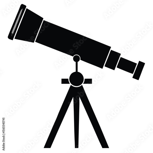 Solid black telescope sits firmly atop a tripod against transparent backdrop