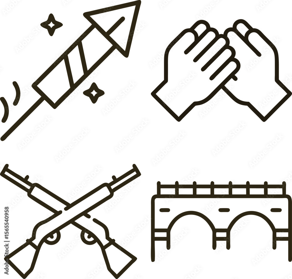 Naklejka premium Four distinct line art icons representing celebration agreement conflict and infrastructure