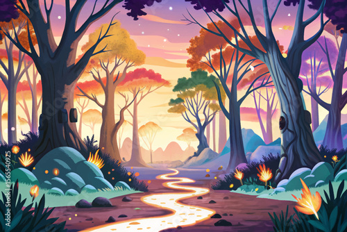 dark fantasy forest with bare mistless trees and a glowing path cartoon perfect vector background for RPG games, fantasy maps, and magical world-building design project
