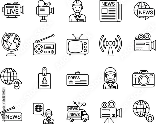 News and Mass Media Line Icon Set for Journalism And Broadcasting.