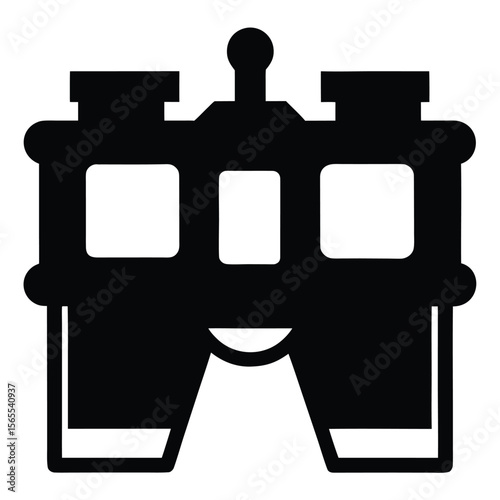 Black binoculars with a central knob are displayed against a white background