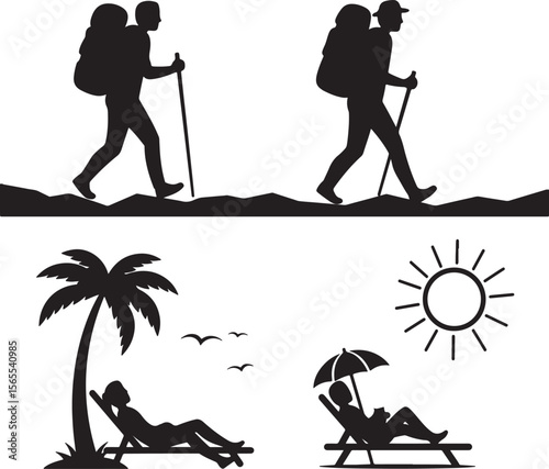 Hiking and Relaxing Silhouettes: A set of illustrations captures the essence of outdoor activities, featuring a hiker with a backpack and walking stick.