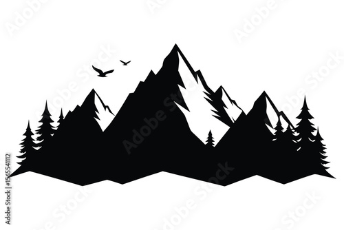 Majestic mountain range silhouette with birds and trees