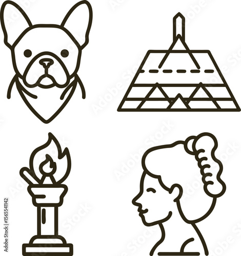 Collection of stylized icons featuring a french bulldog a teepee a torch and a woman s profile