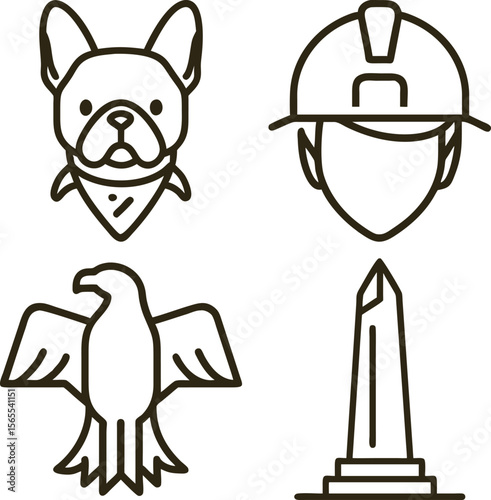 Set of four simple outline icons featuring a french bulldog construction worker eagle and monument