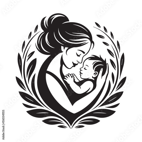 A mother tenderly holding her baby, surrounded by leaves, isolated on white background