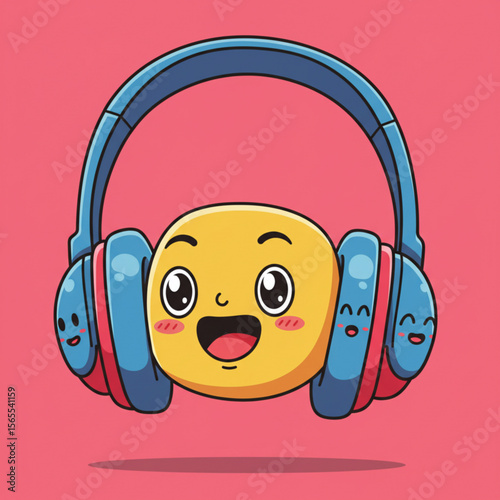 A cheerful yellow emoji wearing blue and red headphones, smiling widely with joy.