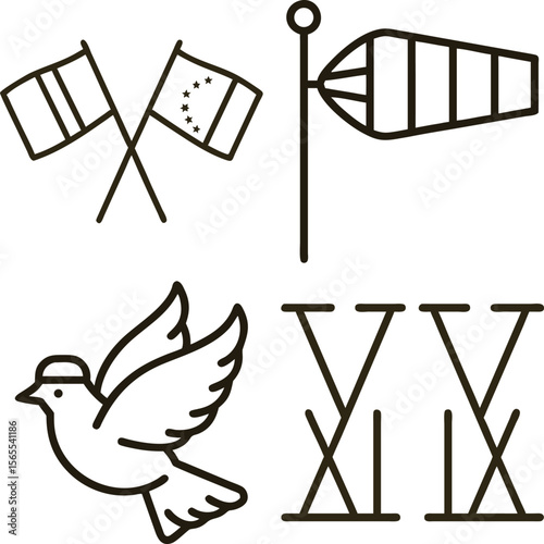 Collection of simple line art icons representing flags windsock dove and roman numerals