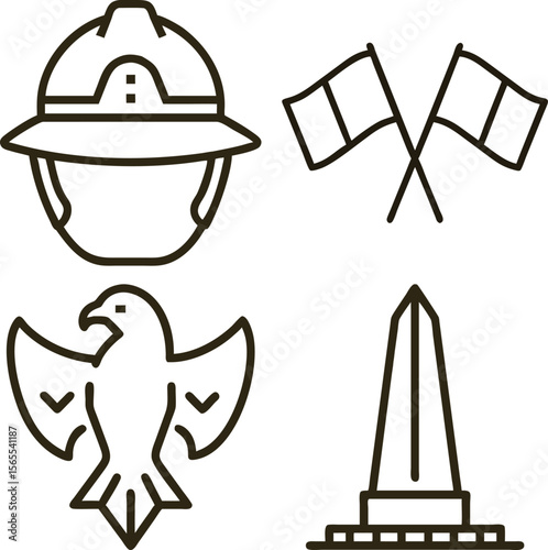 Collection of four distinct line art icons representing travel and national symbols