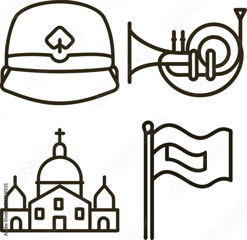 Collection of simple line art icons representing a helmet a french horn a church and a flag