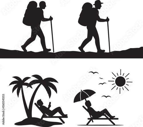Silhouette Hiking and Leisure Scene: Silhouette illustrations depicting hikers with backpacks navigating a trail.