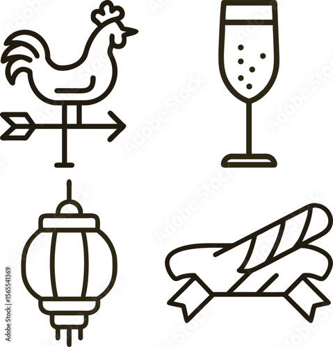Set of four simple line art icons including a rooster weathervane champagne glass lantern and ribbon
