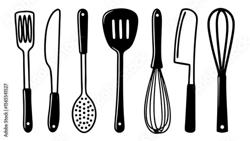 Neat Vector Pack of Kitchen Utensil Silhouettes Including Fork, Spoon, Knife, Whisk, and Spatula, Isolated on White Background for Culinary and Cooking Designs
