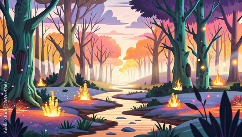 dark fantasy forest with bare mistless trees and a glowing path cartoon perfect vector background for RPG games, fantasy maps, and magical world-building design project