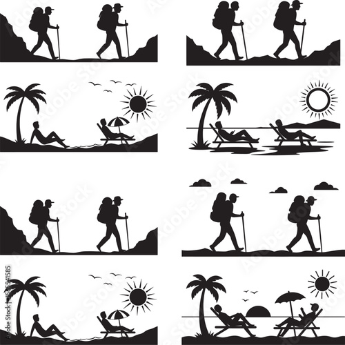 Adventure & Relaxation Silhouettes: A collection of artistic silhouettes that evoke a sense of adventure, with hikers traversing rugged terrains.