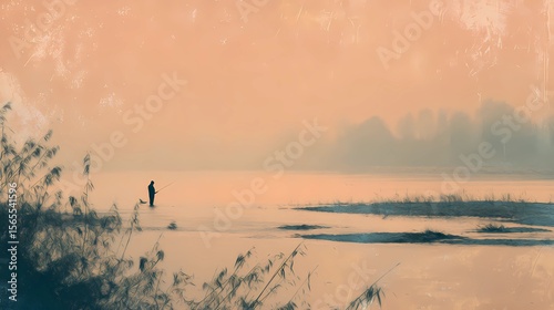 Outdoor scene of a solitary man fishing by the river, immersed in calm, unhurried surroundings.