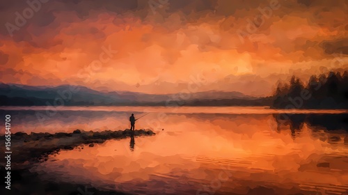 Outdoor scene of a solitary man fishing by the river, immersed in calm, unhurried surroundings.