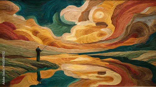 Outdoor scene of a solitary man fishing by the river, immersed in calm, unhurried surroundings.