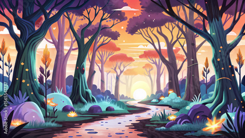 dark fantasy forest with bare mistless trees and a glowing path cartoon perfect vector background for RPG games, fantasy maps, and magical world-building design project