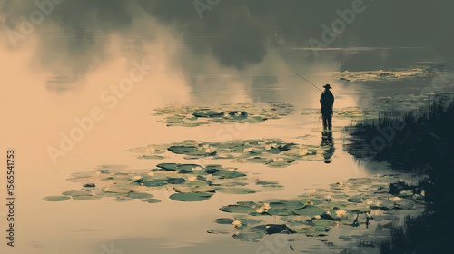 Outdoor scene of a solitary man fishing by the river, immersed in calm, unhurried surroundings.