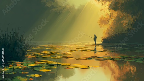 Outdoor scene of a solitary man fishing by the river, immersed in calm, unhurried surroundings.