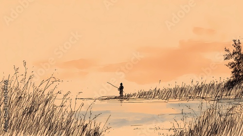 Outdoor scene of a solitary man fishing by the river, immersed in calm, unhurried surroundings.
