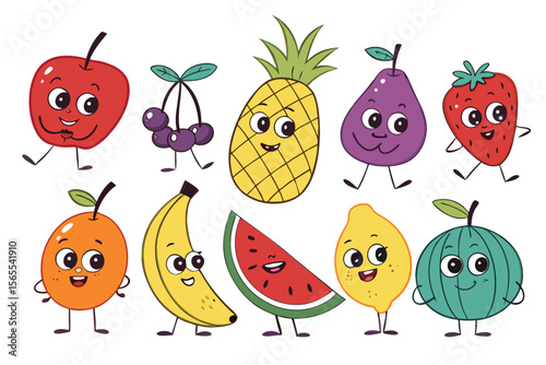 Funny cartoon vector set of smiling fruit and vegetable characters with cute faces and animal features