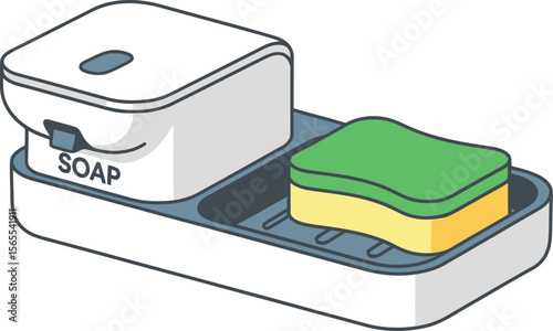 Clean kitchen countertop accessories with soap dispenser and cleaning sponge neatly arranged for dishwashing tasks