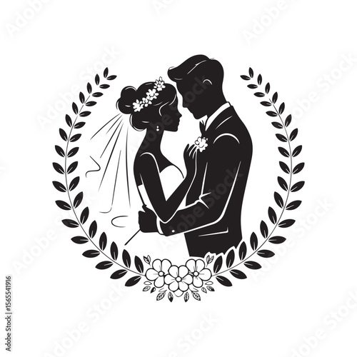 Silhouette of a bride and groom embracing, within a floral wreath, isolated on white background