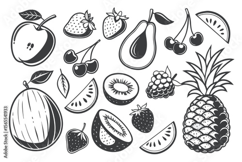 A seamless pattern with fresh fruit icons, including apple, pineapple, strawberry, lemon, pear, banana, cherry, orange, grape, and mango