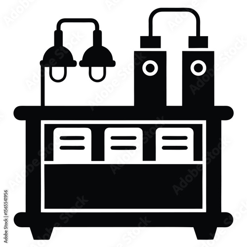 Black solid icon showcases a server rack with two lights and transparent background